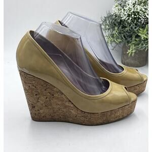 Jimmy Choo Papina Cork Wedge Nude Patent Leather Platform Heels EU 40/US 10